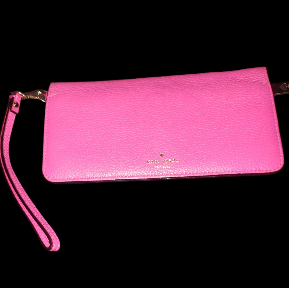 KATE SPADE grey street Erin bougainvillea pink leather WRISTLET WALLET EUC